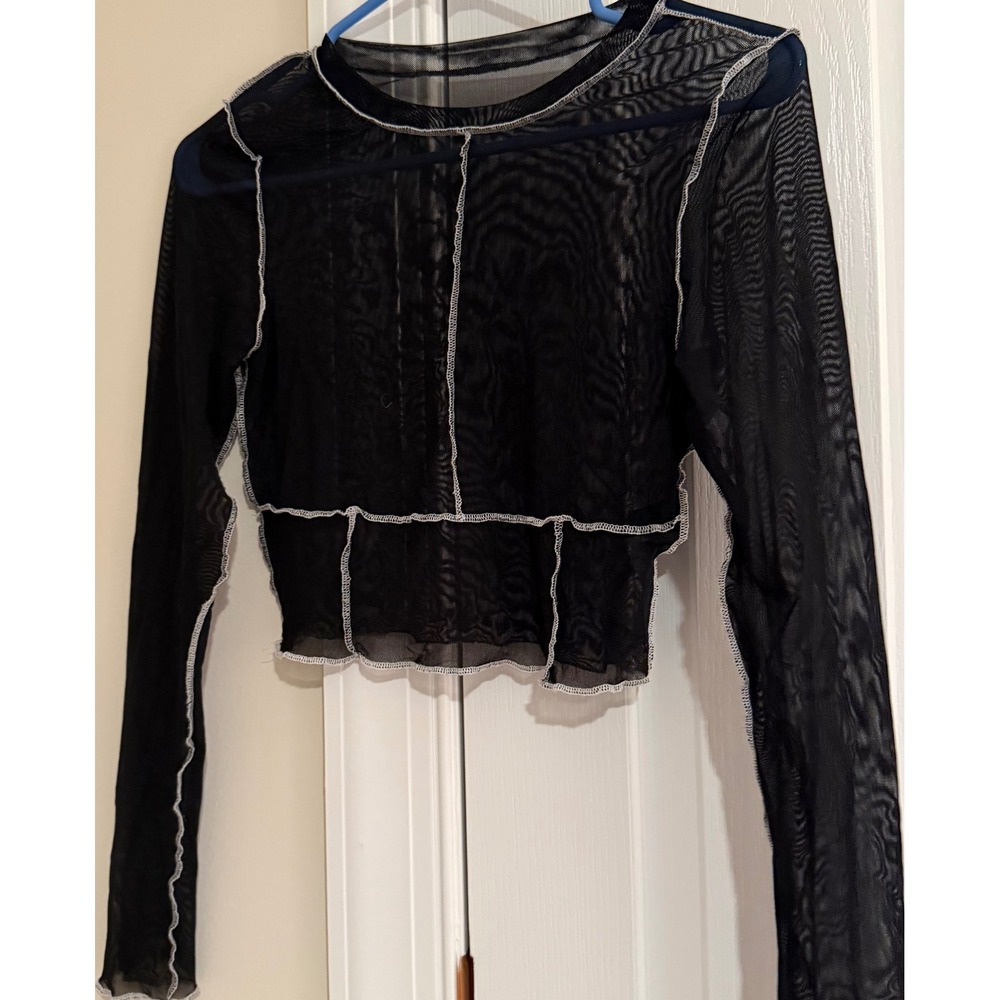 Top Shop Womens Black Sheer Mesh Crop Top Long Sleeve Contrast Stitch  Edge S